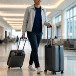 Voyageur souriant marchant dans un aéroport moderne avec deux valises à roulettes.