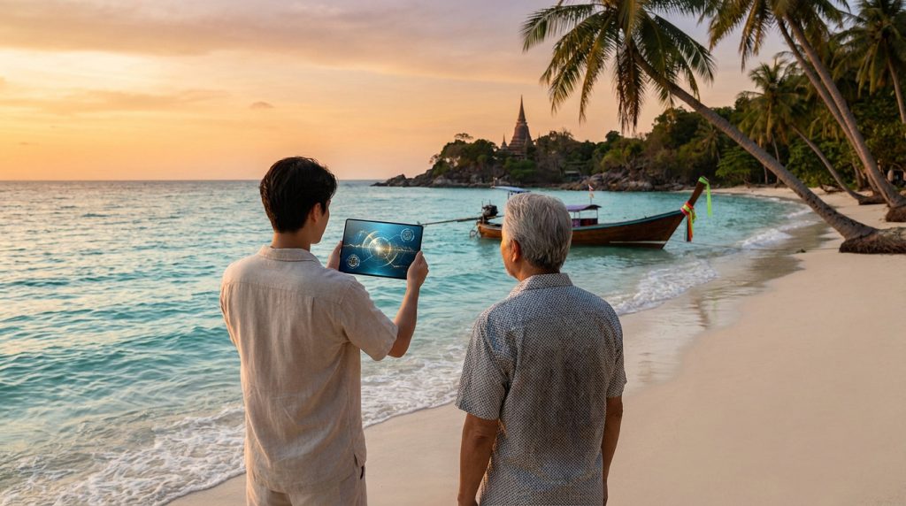 Deux hommes regardent une tablette numérique sur une plage paradisiaque en Thaïlande au coucher du soleil.