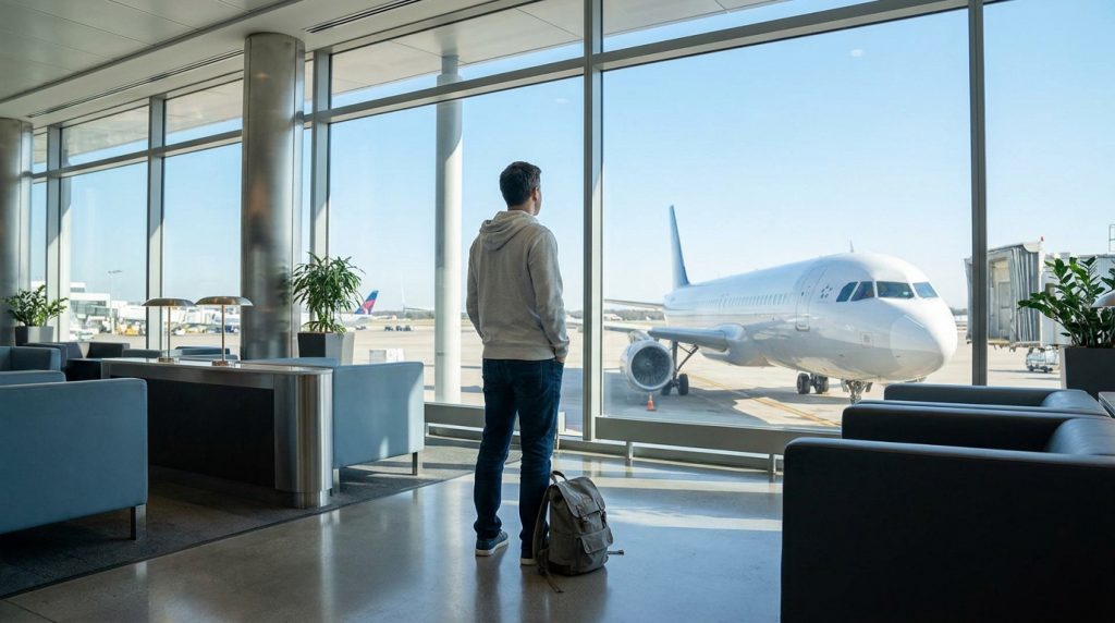 Un voyageur avec un sac à dos regarde un avion sur le tarmac depuis le terminal d'un aéroport.