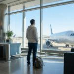 Un voyageur avec un sac à dos regarde un avion sur le tarmac depuis le terminal d'un aéroport.