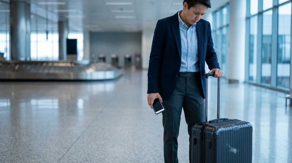 Voyageur en costume, l'air préoccupé, regardant sa valise abîmée dans un hall d'aéroport vide.