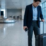 Voyageur en costume, l'air préoccupé, regardant sa valise abîmée dans un hall d'aéroport vide.