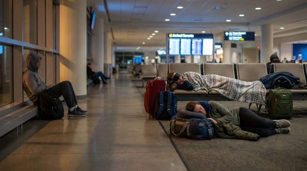Des voyageurs dorment sur les sièges et le sol d'un hall d'aéroport la nuit avec leurs bagages autour d'eux.