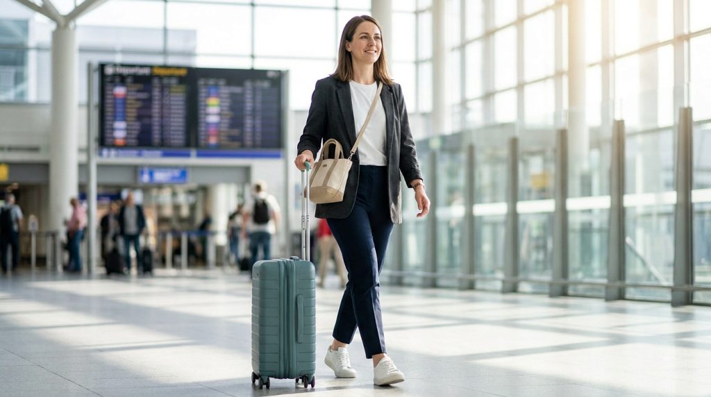Une femme souriante marche dans un aéroport avec sa valise cabine et un sac à main.