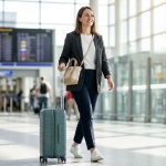 Une femme souriante marche dans un aéroport avec sa valise cabine et un sac à main.