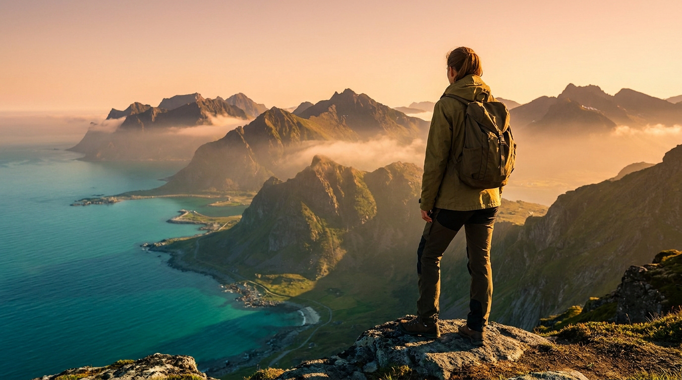 Une randonneuse sac au dos admire un paysage côtier montagneux au coucher du soleil.