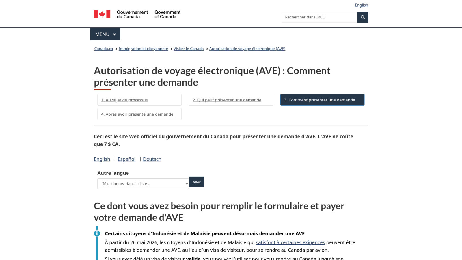 Étapes de la procédure officielle sur le portail du gouvernement