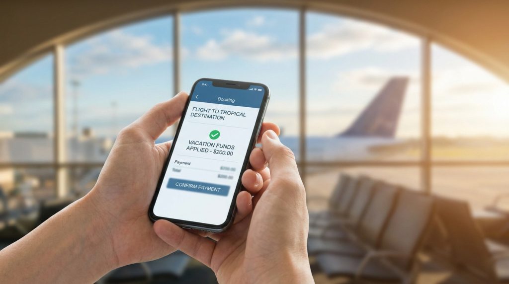 Mains tenant un smartphone affichant la confirmation de paiement d'un vol avec des fonds de vacances dans un aéroport.