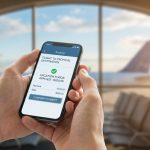 Mains tenant un smartphone affichant la confirmation de paiement d'un vol avec des fonds de vacances dans un aéroport.