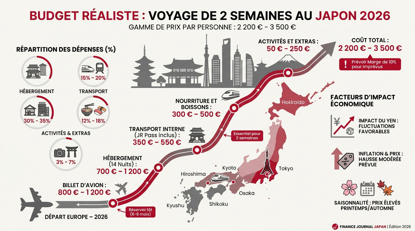 Graphique prévisionnel du budget voyage pour 2 semaines au Japon en 2026 par poste de dépense