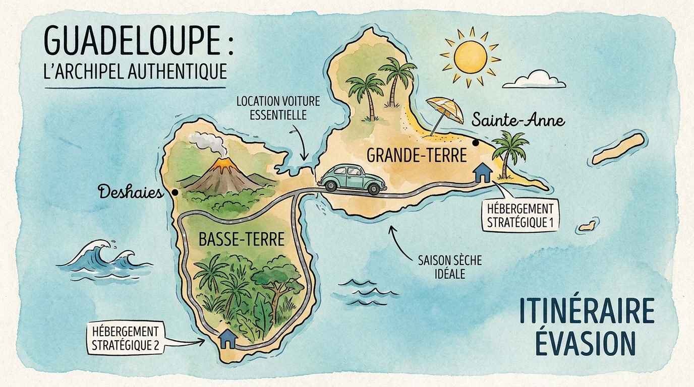 Carte stylisée de l'itinéraire d'une semaine en Guadeloupe entre Grande-Terre et Basse-Terre