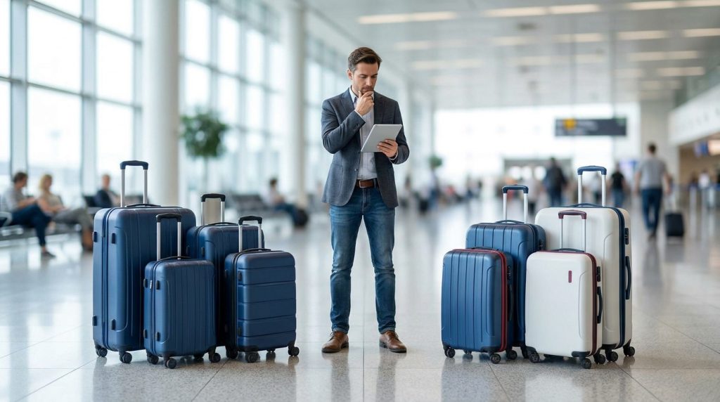 Un voyageur en costume consulte sa tablette dans un aéroport, entouré de plusieurs valises.
