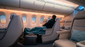 Un passager voyageant confortablement dans une cabine d'avion moderne avec une valise sous son siège.