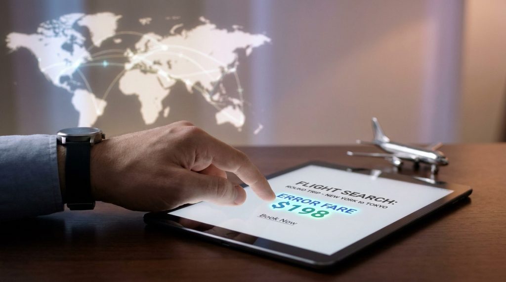 Main utilisant une tablette affichant une erreur de prix de billet d'avion pour un vol New York-Tokyo avec une carte.