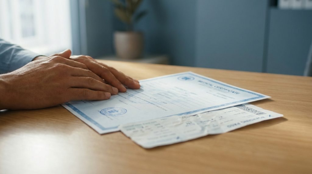 Mains posées sur une table à côté d'un certificat médical et d'une carte d'embarquement pour un remboursement de vol.