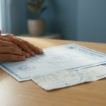 Mains posées sur une table à côté d'un certificat médical et d'une carte d'embarquement pour un remboursement de vol.