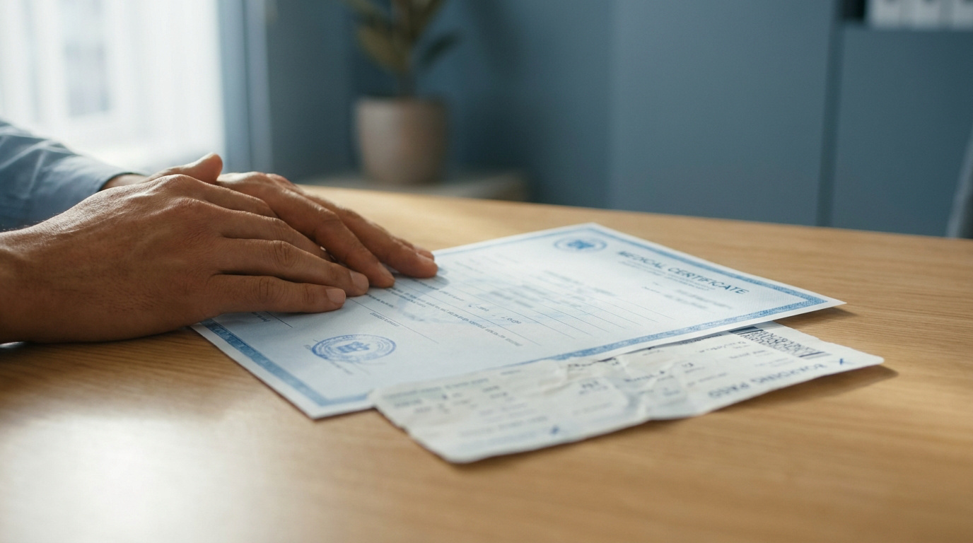 Mains posées sur une table à côté d'un certificat médical et d'une carte d'embarquement pour un remboursement de vol.