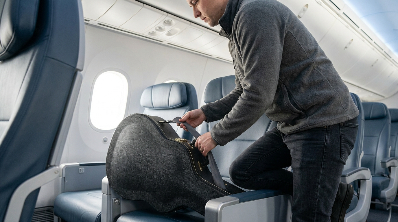Un voyageur attache solidement l'étui de sa guitare sur un siège d'avion avec la ceinture de sécurité.