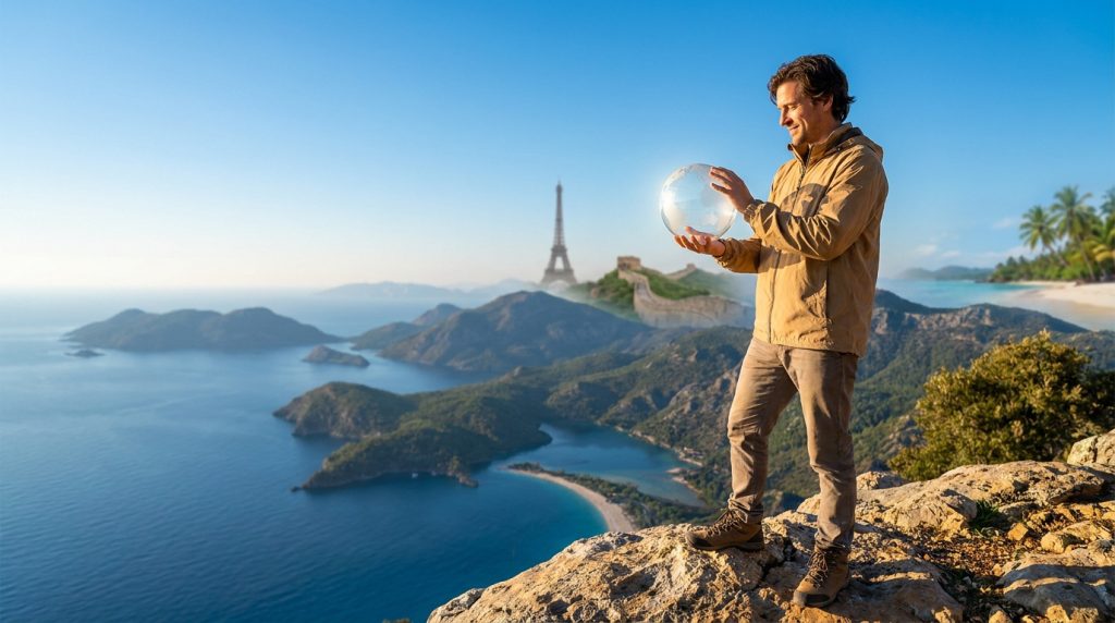 Un voyageur debout sur une falaise tient un globe transparent avec la tour Eiffel et la Grande Muraille en arrière-plan.