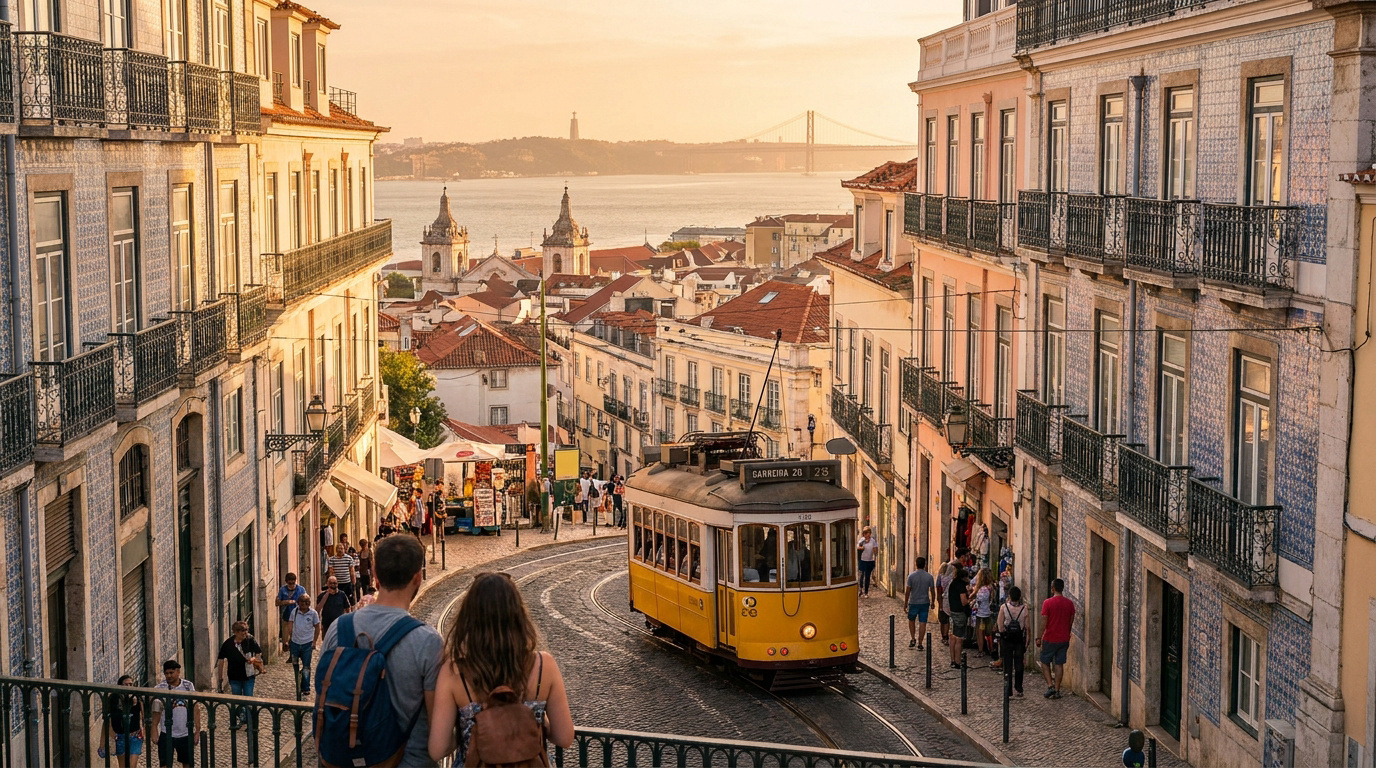 Tramway jaune emblématique circulant dans une rue pavée de Lisbonne au coucher du soleil avec vue sur le Tage.