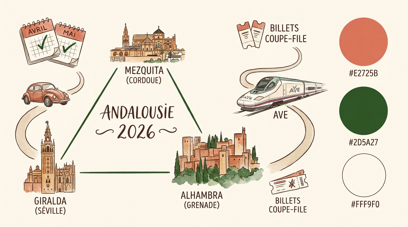 Famille préparant son itinéraire de voyage en Andalousie avec une carte et des guides
