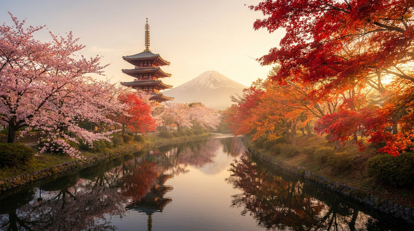 Une pagode traditionnelle près d'une rivière avec des cerisiers en fleurs et des érables rouges sous le Mont Fuji.