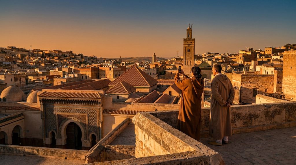 Deux personnes en djellabas admirent le coucher de soleil sur les toits d'une ville historique marocaine.