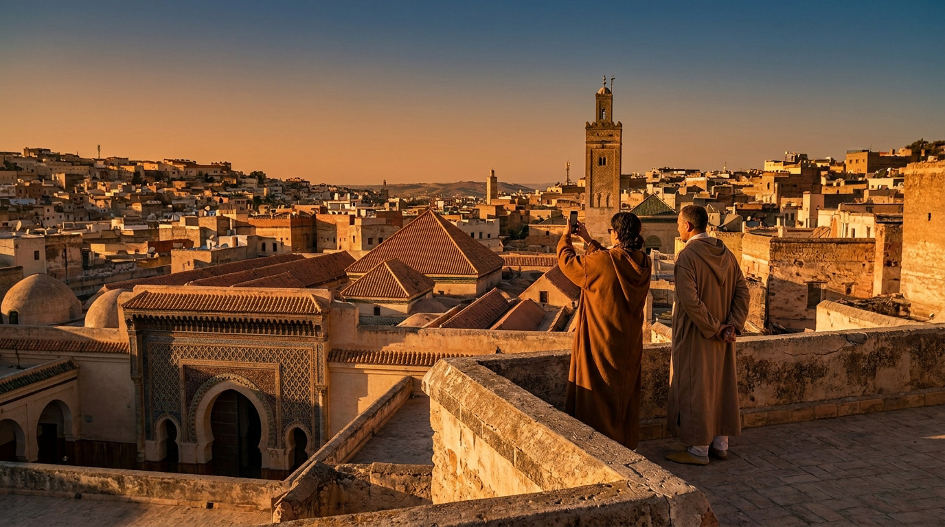 Deux personnes en djellabas admirent le coucher de soleil sur les toits d'une ville historique marocaine.