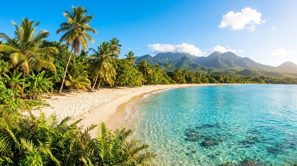 Plage paradisiaque en Guadeloupe avec cocotiers, eau turquoise cristalline et montagnes en arrière-plan.