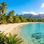 Plage paradisiaque en Guadeloupe avec cocotiers, eau turquoise cristalline et montagnes en arrière-plan.