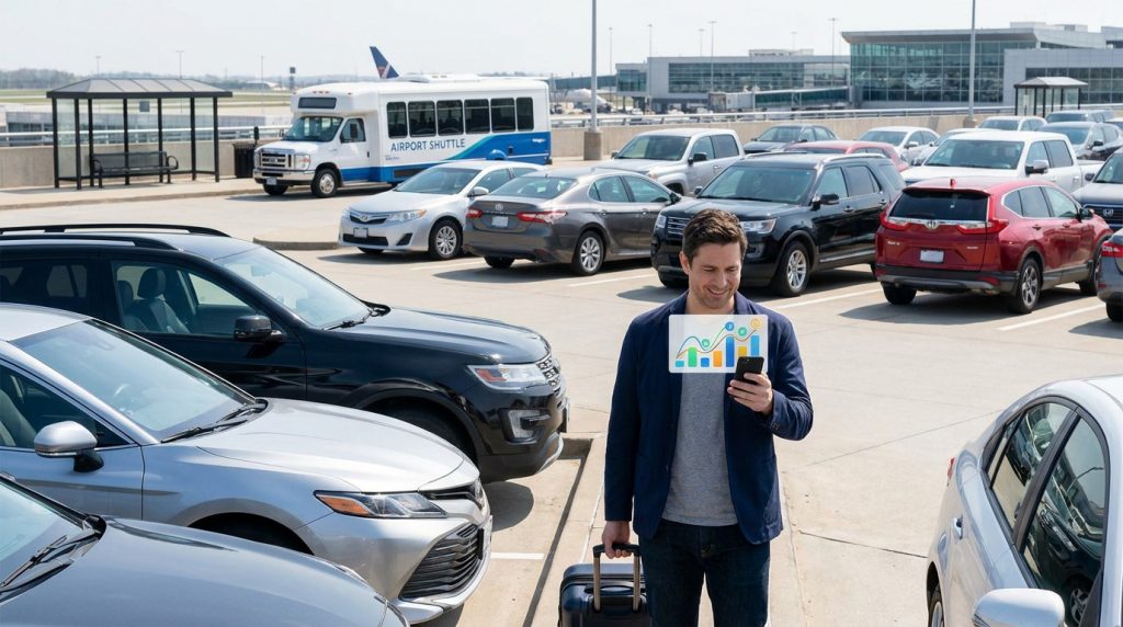 Un voyageur consulte des tarifs sur son téléphone dans un parking d'aéroport avec une navette en arrière-plan.