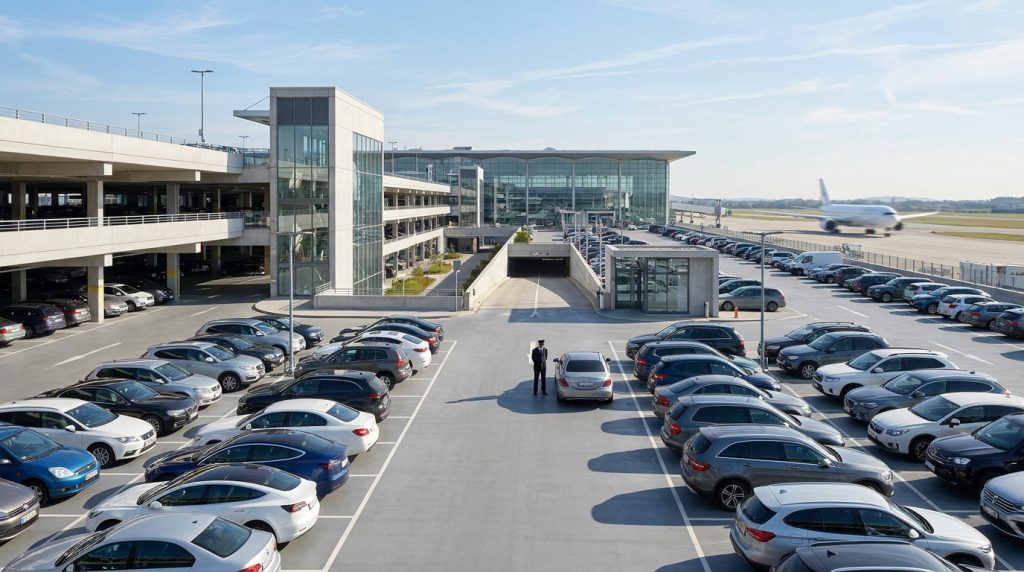 Vue aérienne d'un grand parking extérieur à l'aéroport Roissy CDG avec des voitures et un avion en arrière-plan.