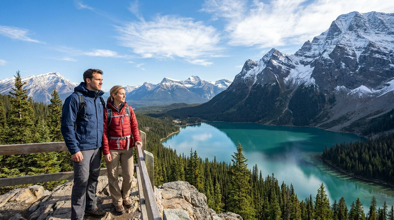 Un couple de randonneurs admire le paysage grandiose d'un lac turquoise entouré de montagnes enneigées au Canada.