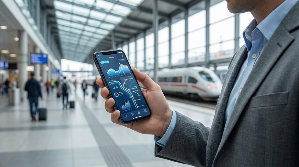 Un homme d'affaires dans une gare utilisant une application mobile pour comparer des trajets ferroviaires.