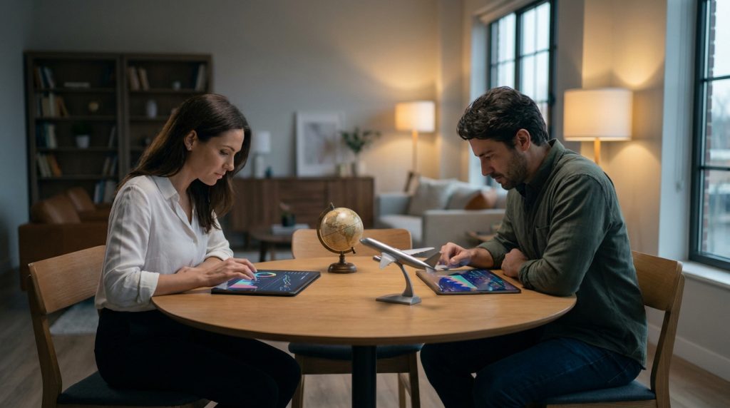 Un couple compare des données de voyage sur des tablettes autour d'une table avec un globe et un modèle d'avion.