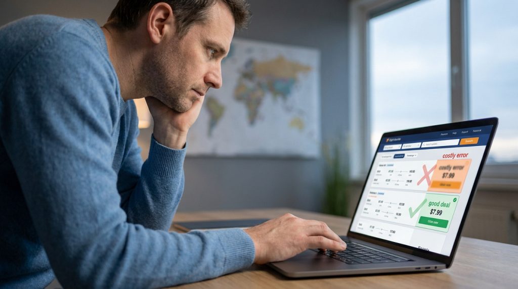 Un homme concentré regarde un écran d'ordinateur portable comparant des offres de vols avec des indicateurs de prix.