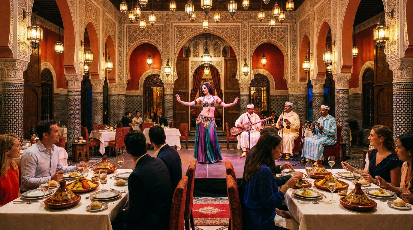 Une danseuse orientale se produit sur scène devant des convives attablés dans un restaurant marocain luxueux et traditionnel.