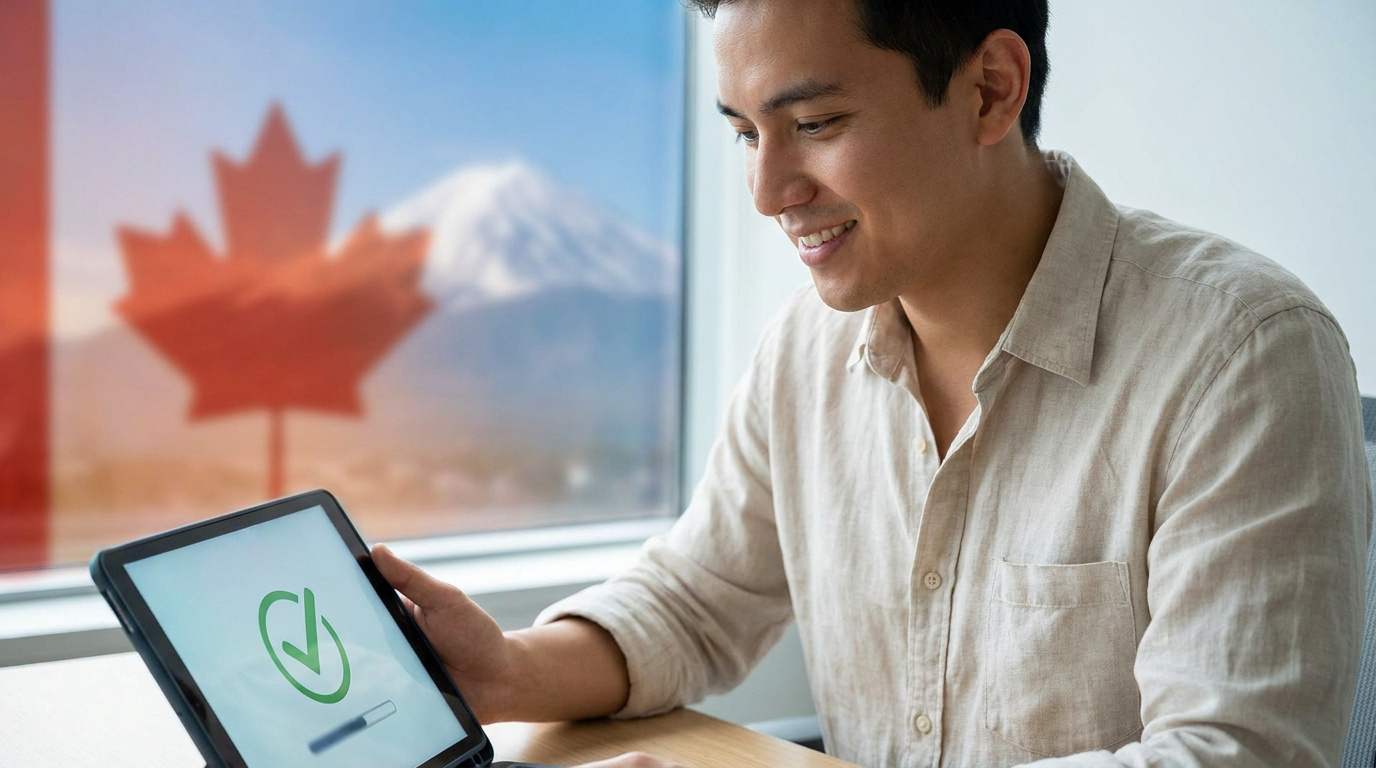 Un homme souriant regarde une tablette affichant une coche de validation devant une fenêtre montrant le drapeau canadien.