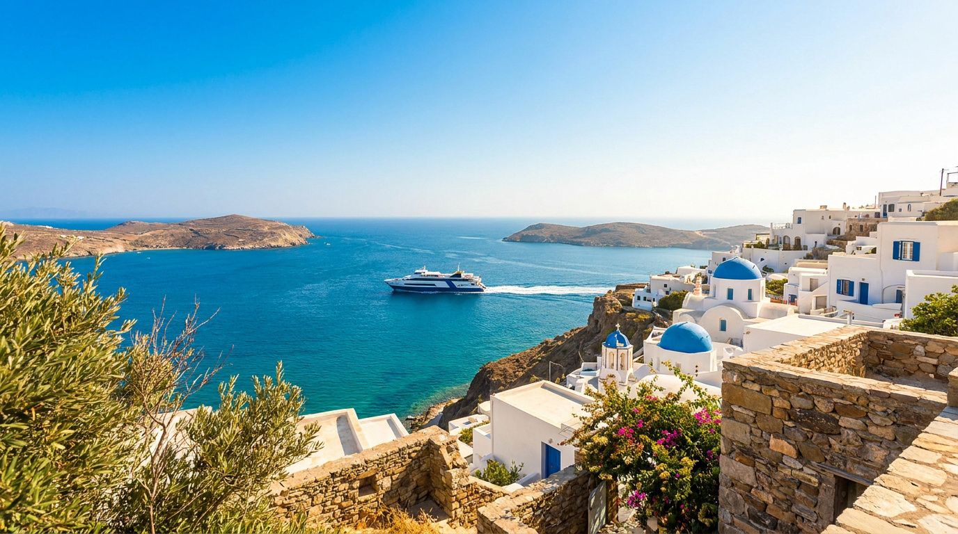 Paysage marin ensoleillé avec des maisons blanches à dômes bleus et un ferry traversant la mer Égée dans les Cyclades.