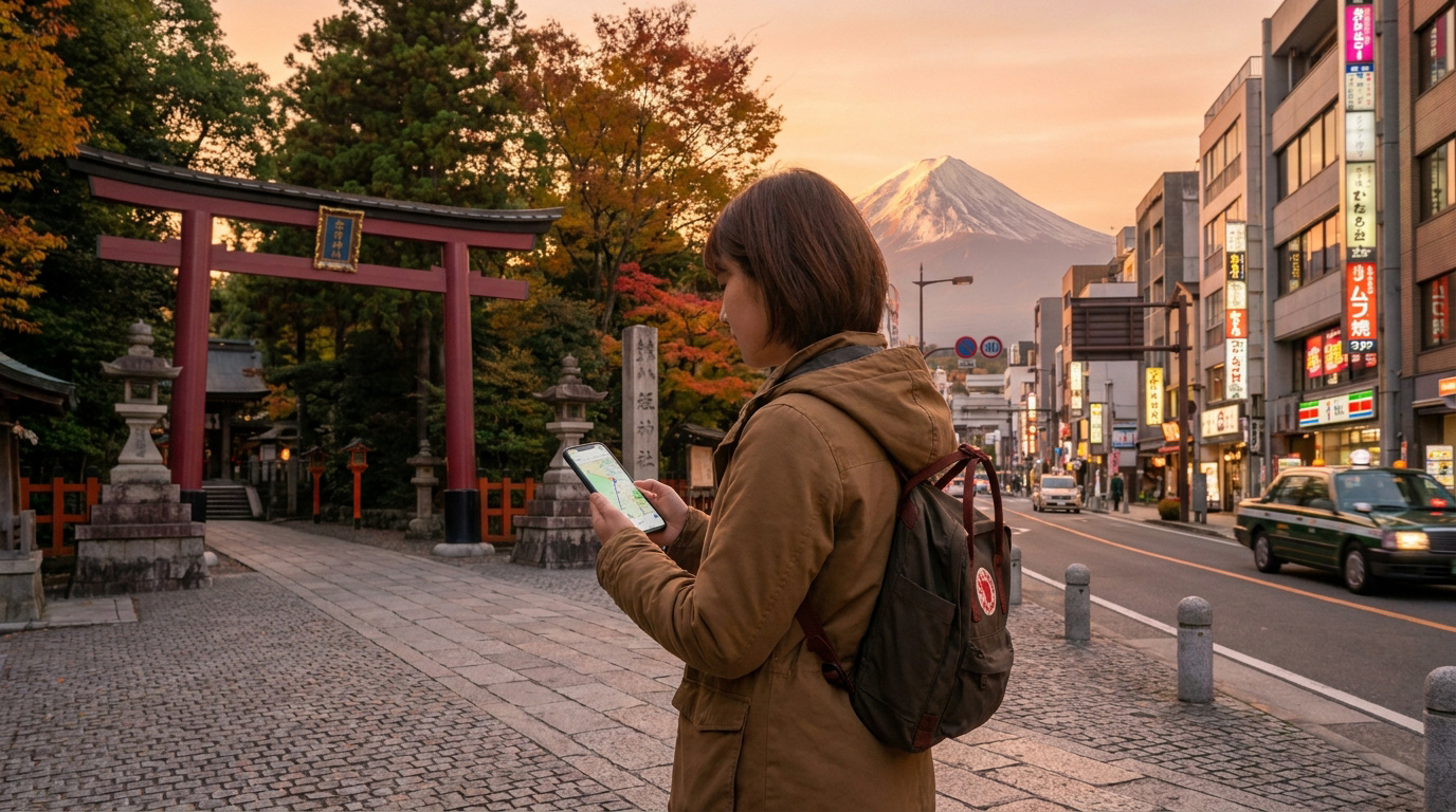 Une femme consulte son smartphone devant un sanctuaire japonais avec le mont Fuji en arrière-plan sous un ciel doré.