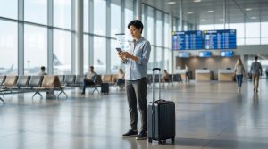 Voyageuse dans un aéroport utilisant un smartphone avec une interface holographique pour gérer ses documents de voyage.