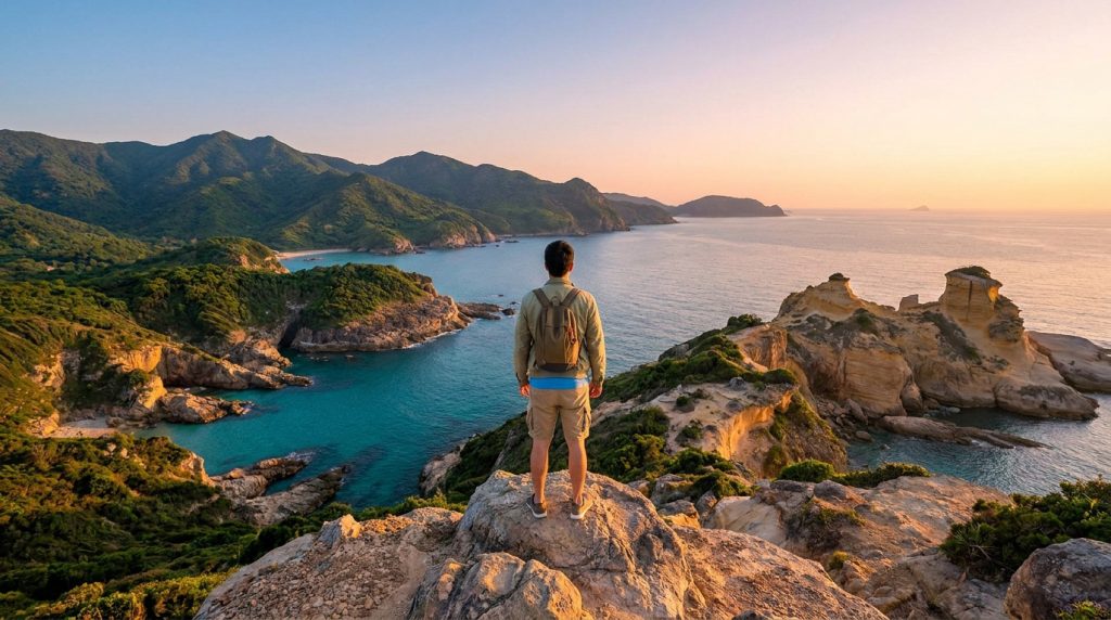 Un voyageur avec un sac à dos contemplant une côte rocheuse et une mer turquoise au coucher du soleil.