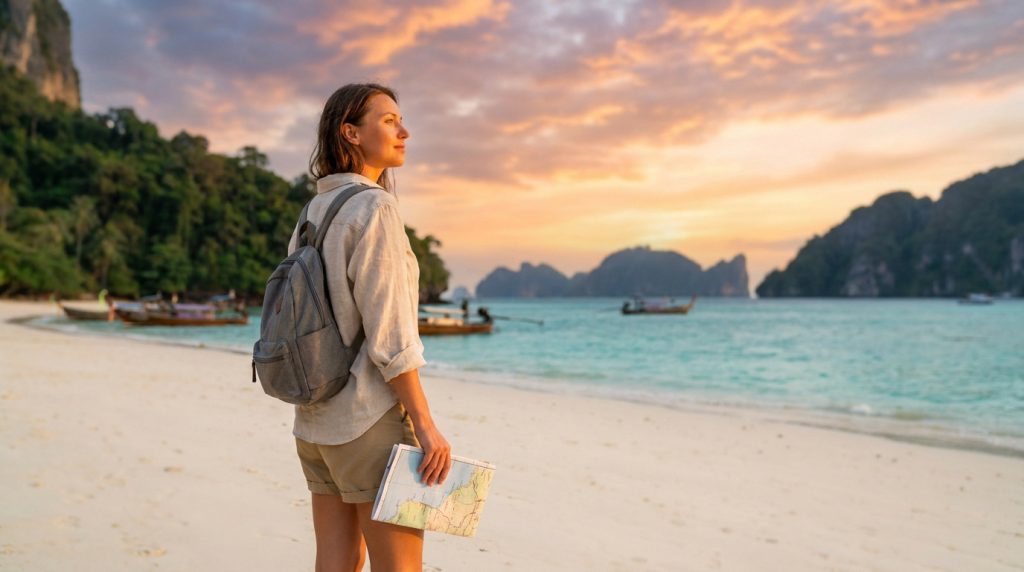 Une voyageuse avec un sac à dos et une carte regarde le coucher de soleil sur une plage paradisiaque en Thaïlande.
