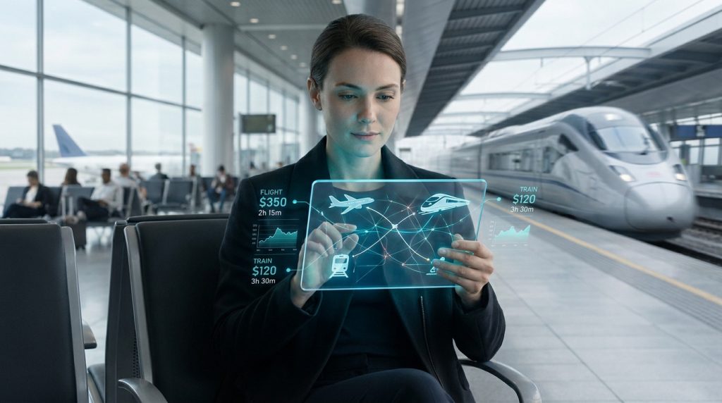 Une femme utilise une tablette holographique pour comparer les prix des vols et des trains dans une gare moderne.