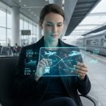 Une femme utilise une tablette holographique pour comparer les prix des vols et des trains dans une gare moderne.