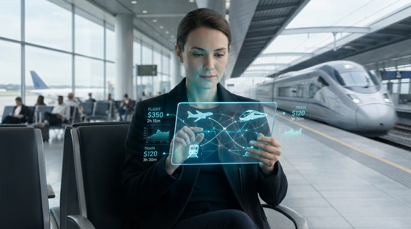 Une femme utilise une tablette holographique pour comparer les prix des vols et des trains dans une gare moderne.