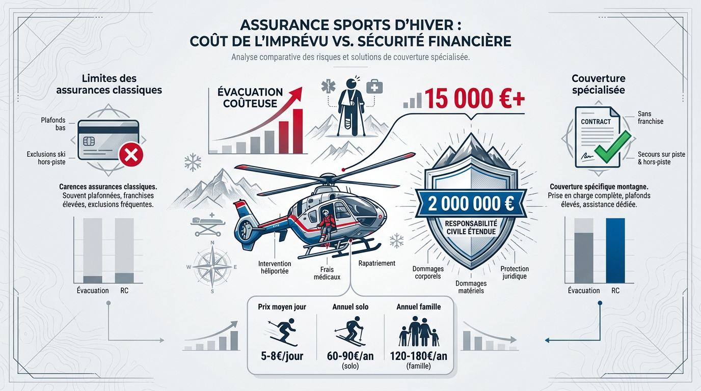 Assurance voyage sports d'hiver : comparatif des garanties 2026 11 Graphique comparatif entre le coût d'une assurance ski et les frais de secours réels en 2026