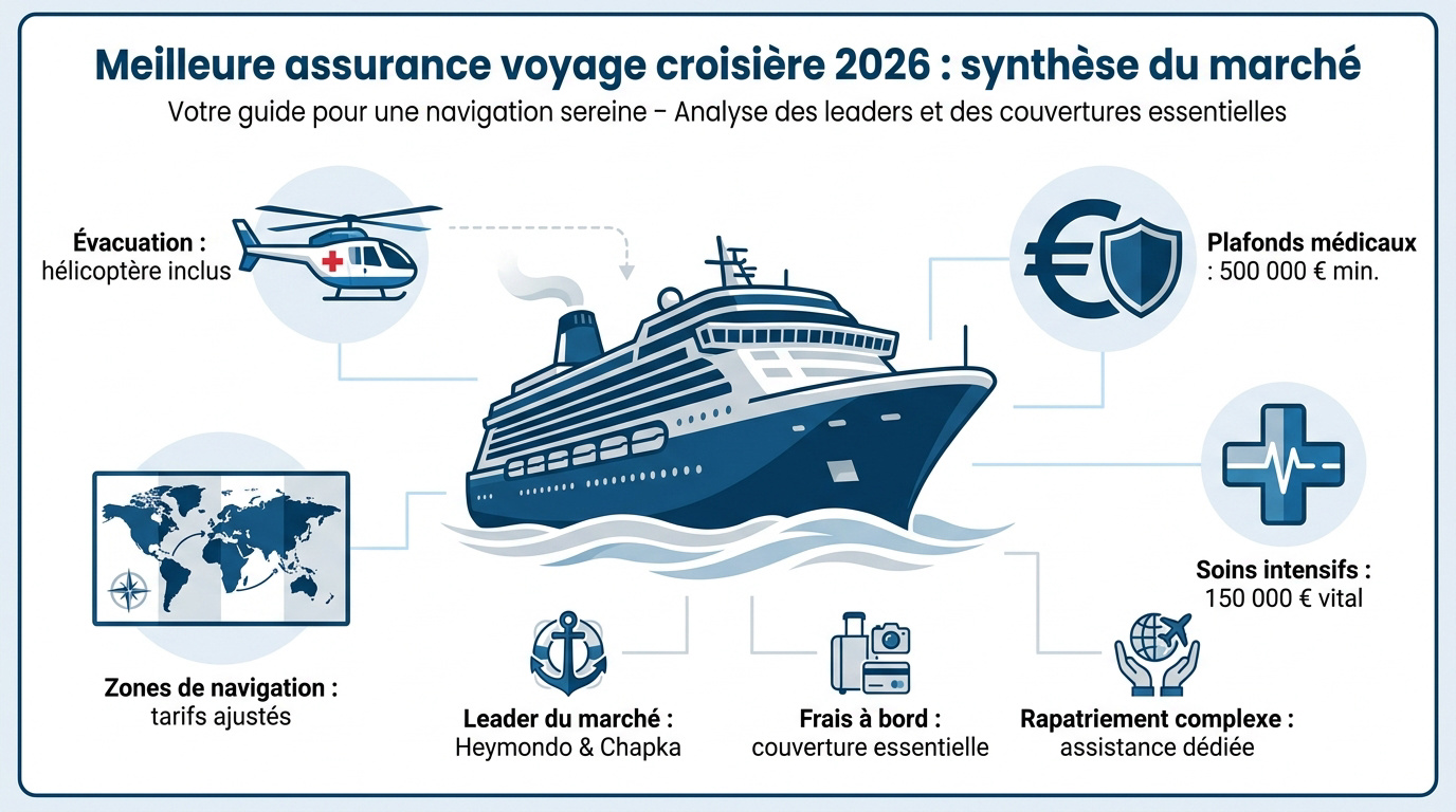 Comparatif des meilleures assurances voyage croisière 2026 présentant les garanties médicales et plafonds de remboursement