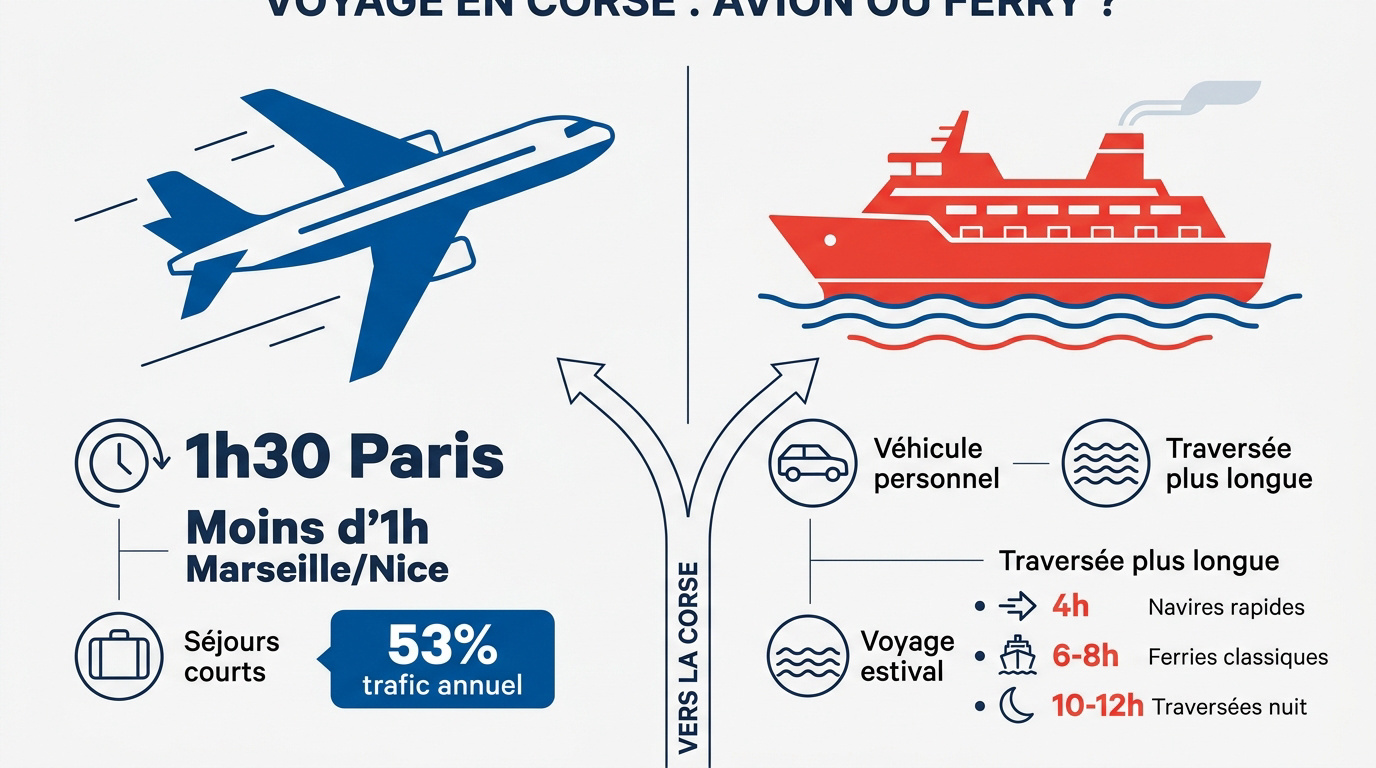 Comparaison entre un avion de ligne et un ferry naviguant vers les côtes corses