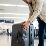 Un voyageur examine avec inquiétude sa valise noire fortement endommagée au milieu d'un terminal d'aéroport.
